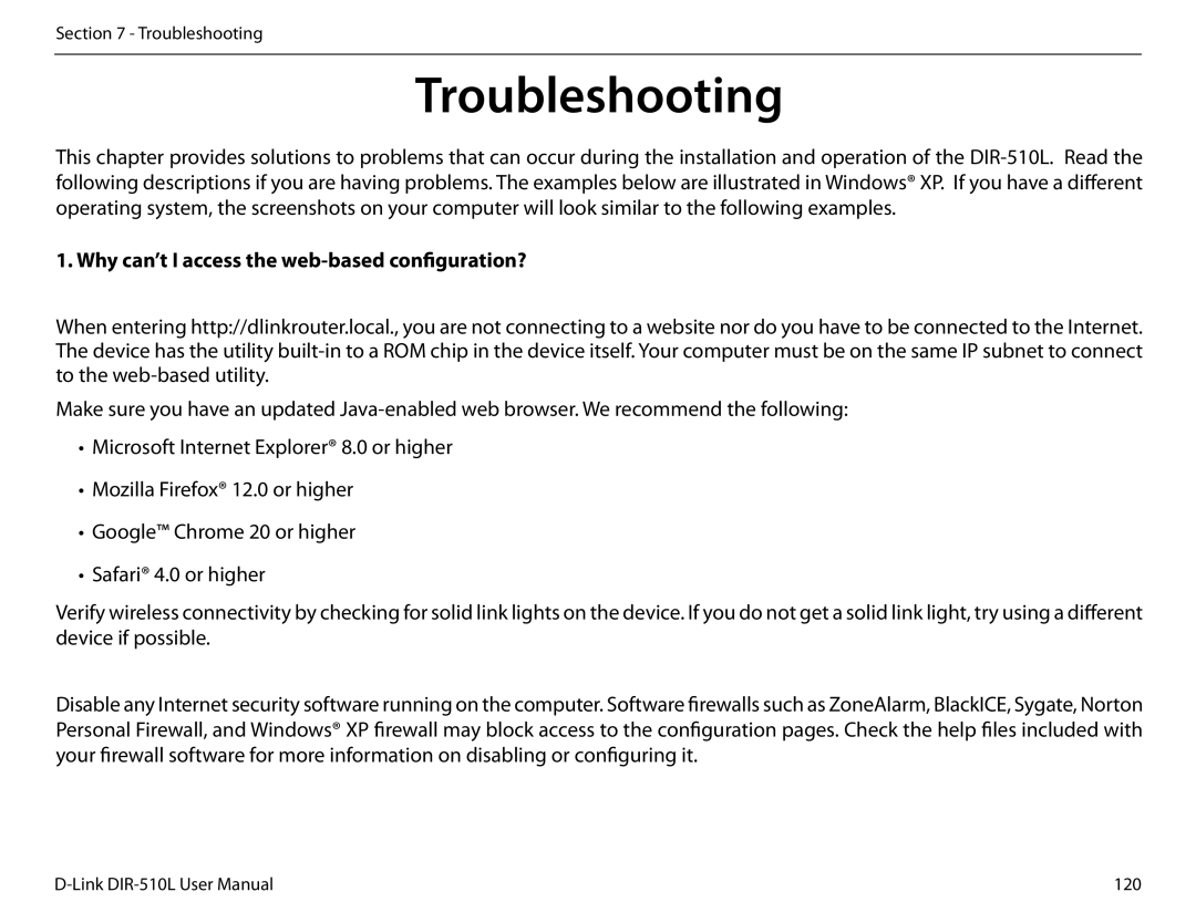 D-Link AC750 user manual Troubleshooting, Why can’t I access the web-based configuration? 