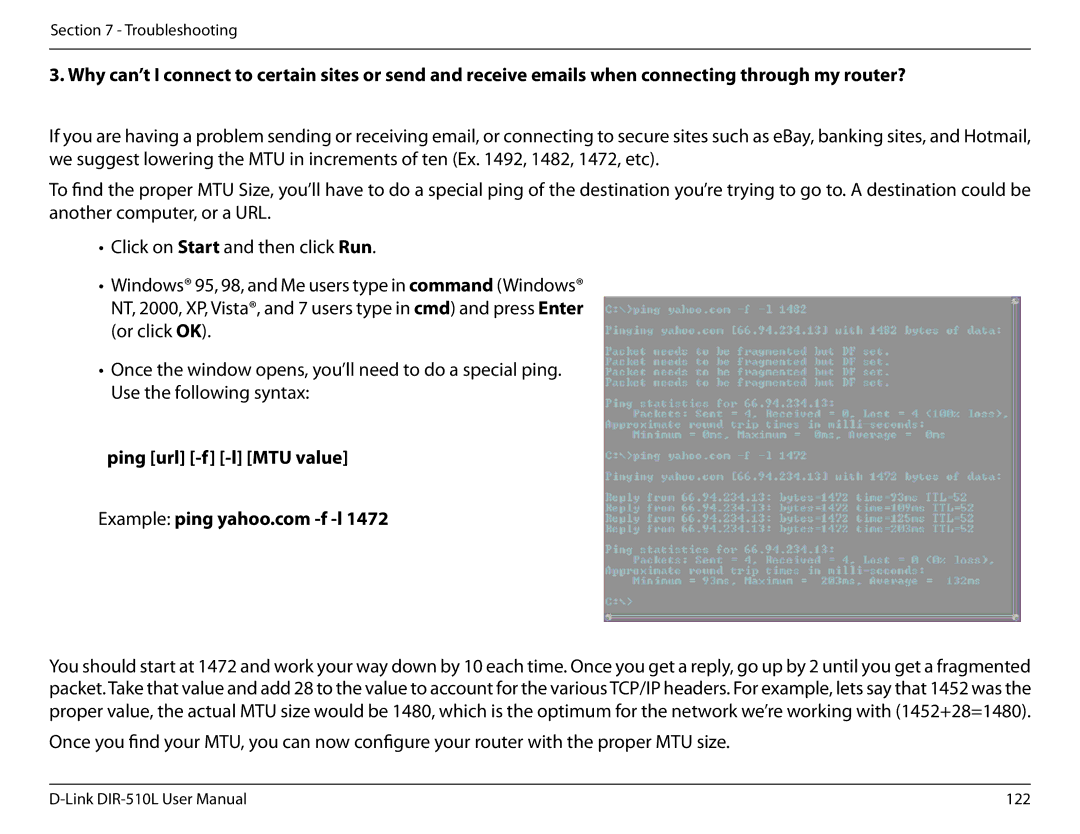 D-Link AC750 user manual Ping url -f -l MTU value 