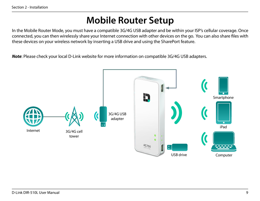 D-Link AC750 user manual Mobile Router Setup 