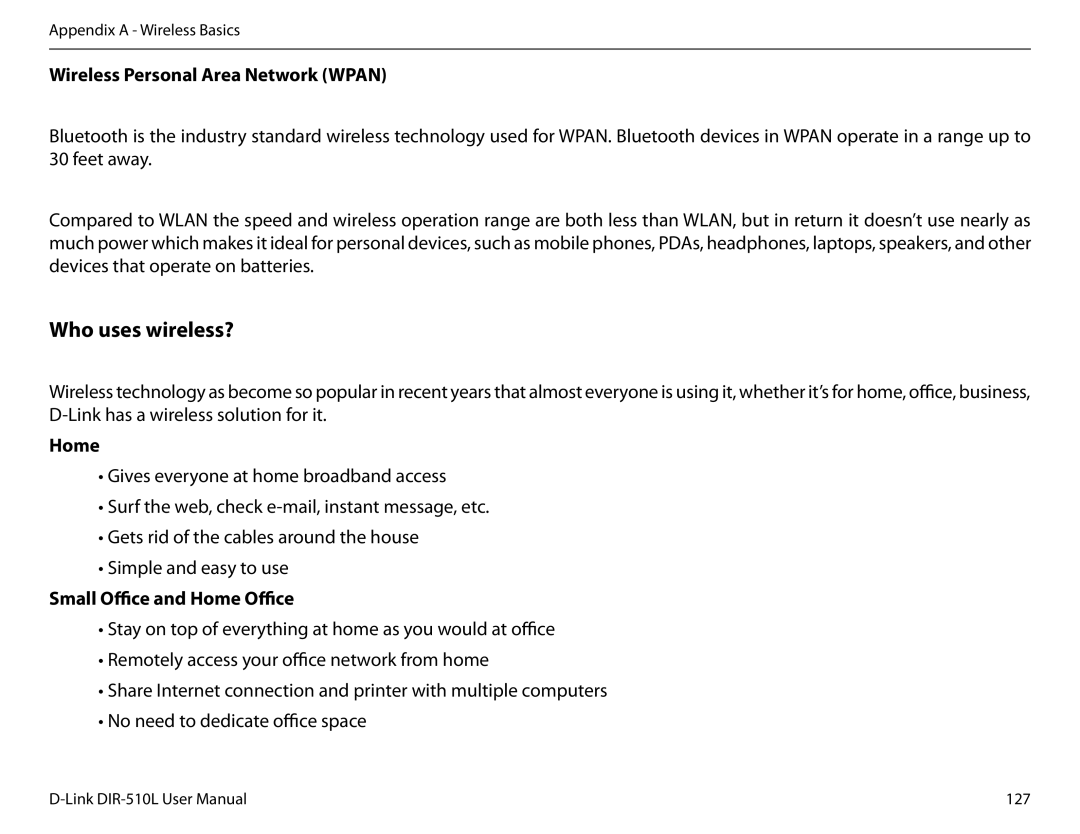 D-Link AC750 user manual Wireless Personal Area Network Wpan, Small Office and Home Office 