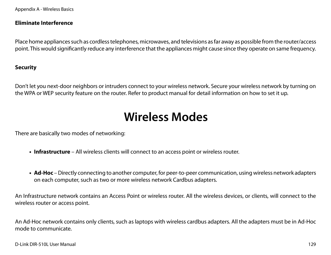 D-Link AC750 user manual Wireless Modes, Eliminate Interference, Security 