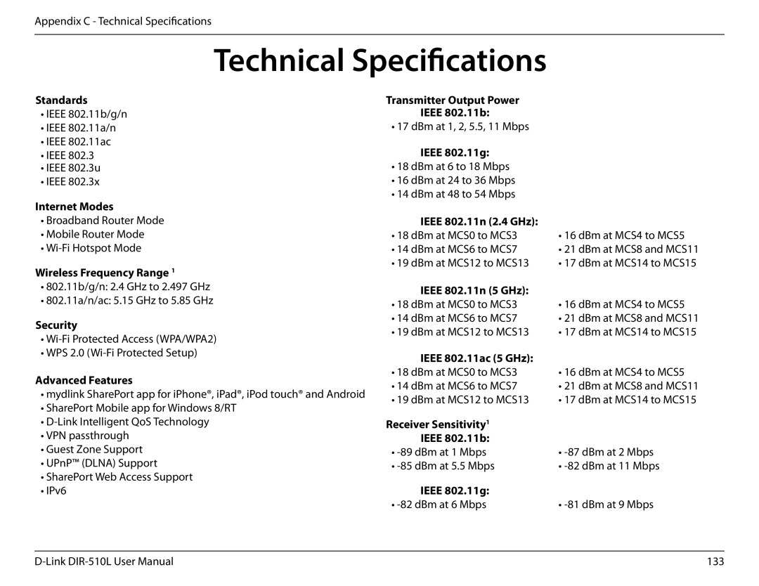 D-Link AC750 user manual Technical Specifications 