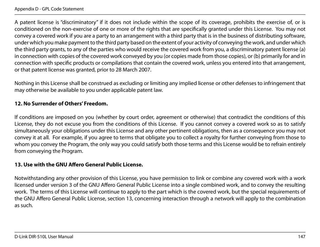 D-Link AC750 user manual No Surrender of Others’ Freedom, Use with the GNU Affero General Public License 