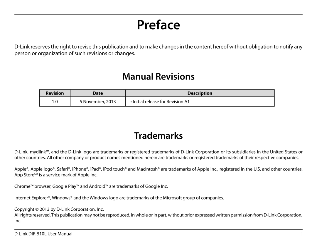 D-Link AC750 user manual Manual Revisions, Trademarks 