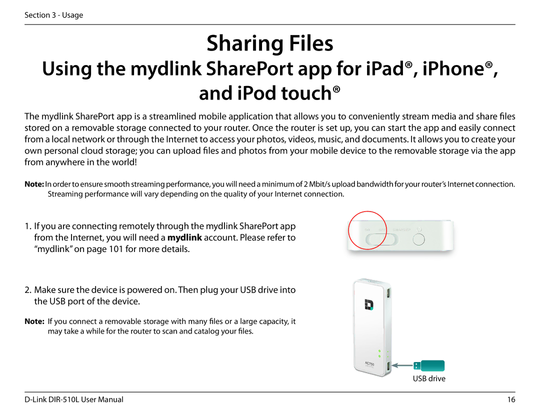 D-Link AC750 user manual Sharing Files, IPod touch 