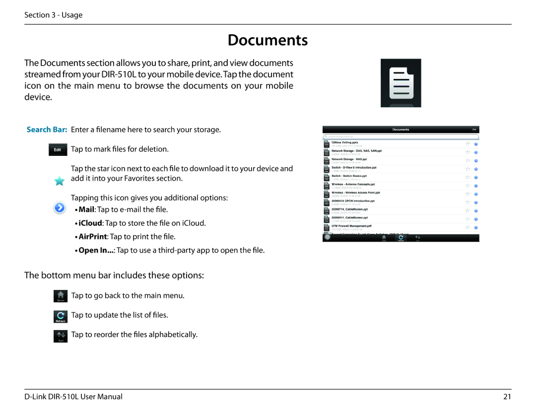 D-Link AC750 user manual Documents, Bottom menu bar includes these options 