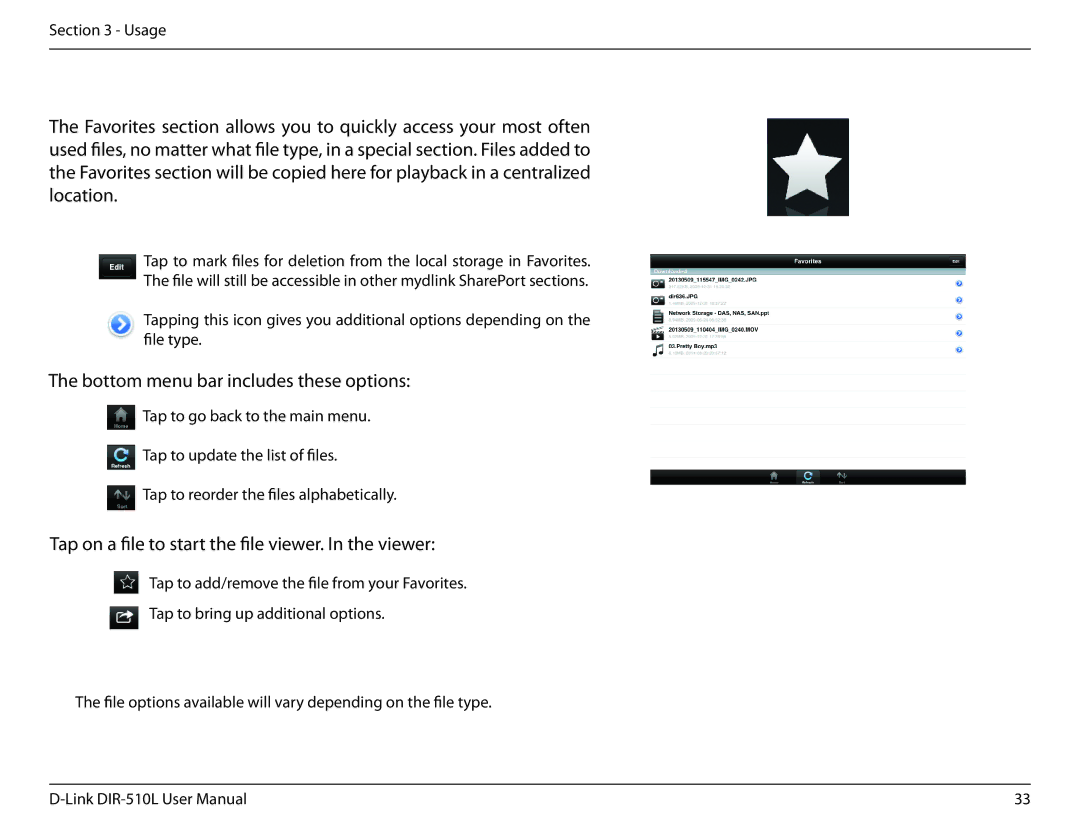 D-Link AC750 user manual Favorites, Tap on a file to start the file viewer. In the viewer 