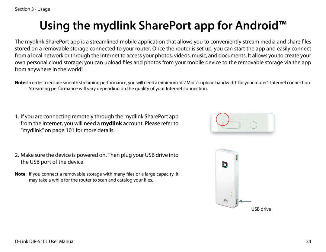 D-Link AC750 user manual Using the mydlink SharePort app for Android 