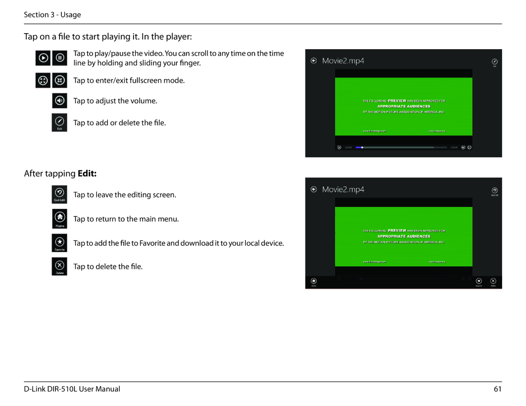 D-Link AC750 user manual Tap on a file to start playing it. In the player 