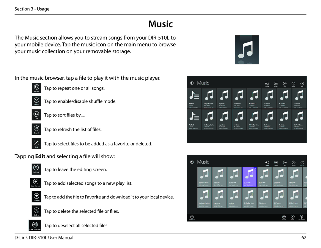 D-Link AC750 Music browser, tap a file to play it with the music player, Tapping Edit and selecting a file will show 