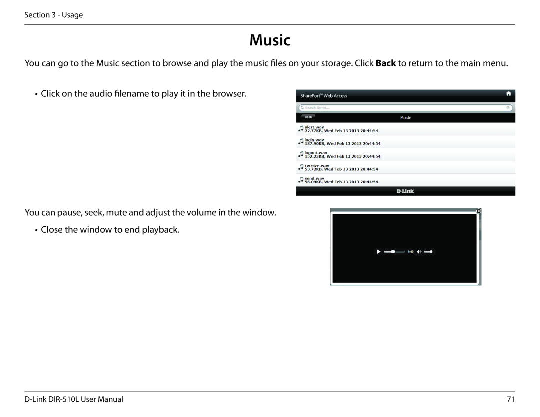 D-Link AC750 user manual Music 