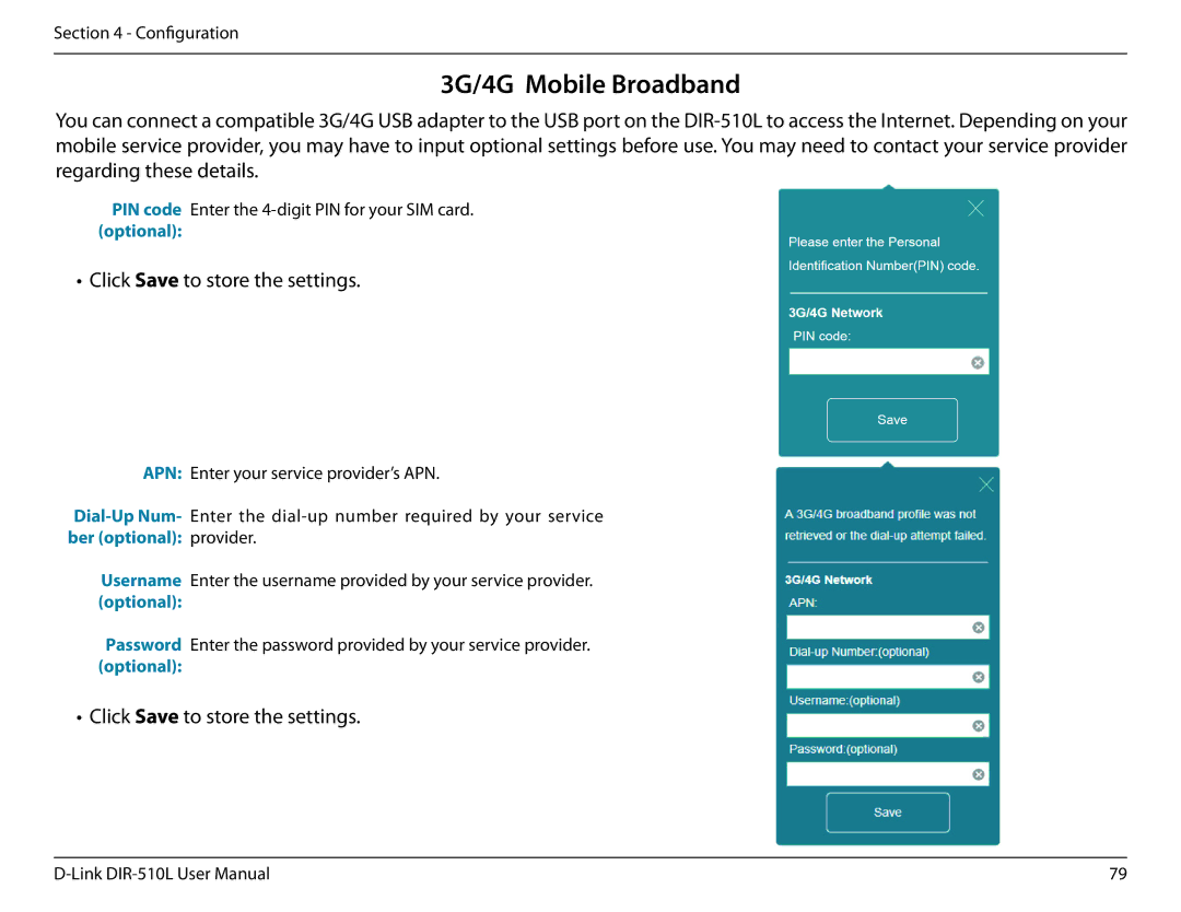 D-Link AC750 user manual 3G/4G Mobile Broadband, Click Save to store the settings 