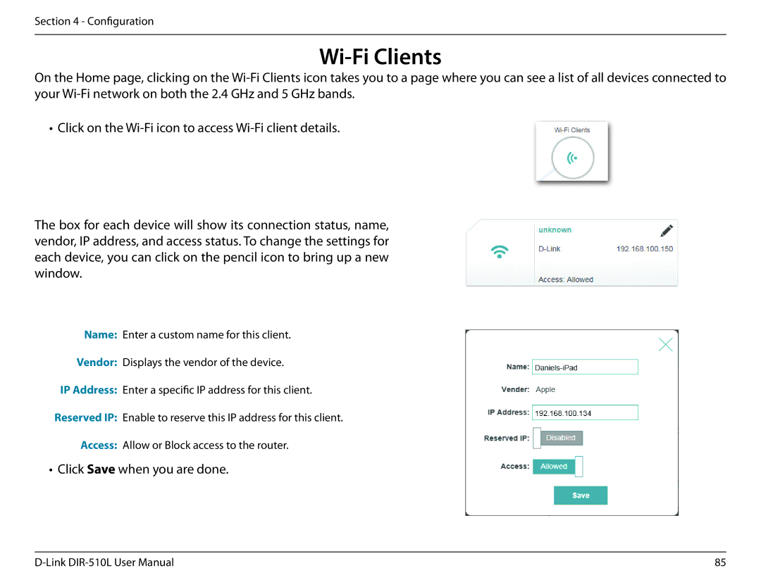 D-Link AC750 user manual Wi-Fi Clients, Click Save when you are done 