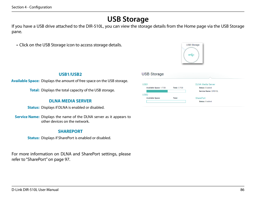 D-Link AC750 user manual USB Storage, USB1/USB2 