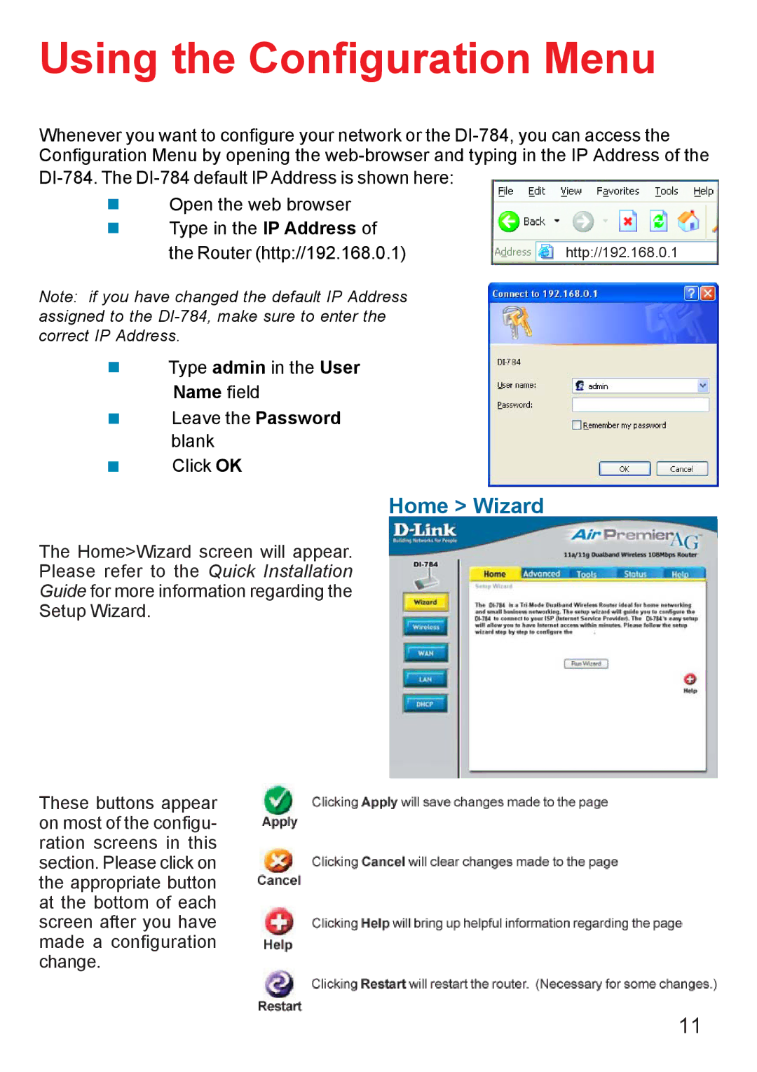 D-Link AG DI-784 manual Using the Configuration Menu, Home Wizard 