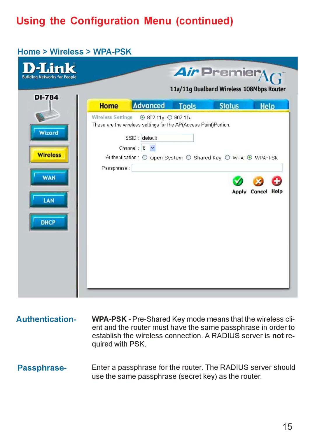 D-Link AG DI-784 manual Home Wireless WPA-PSK 