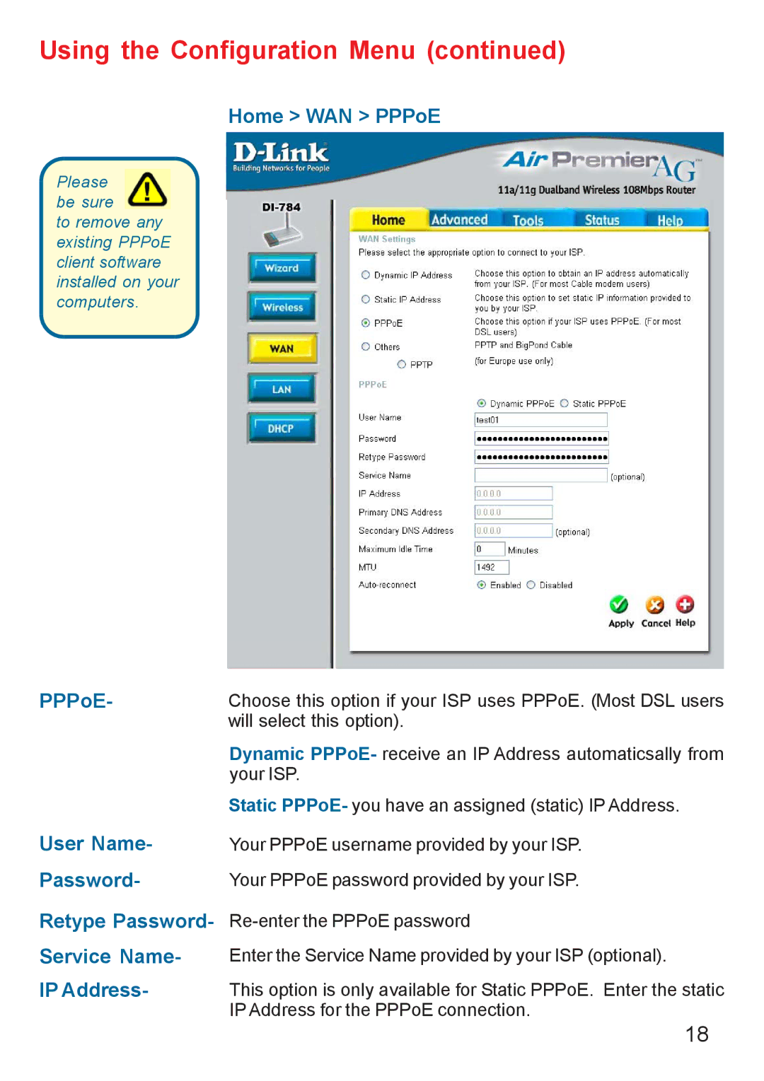 D-Link AG DI-784 manual Home WAN PPPoE, User Name, Password, Service Name, IP Address 