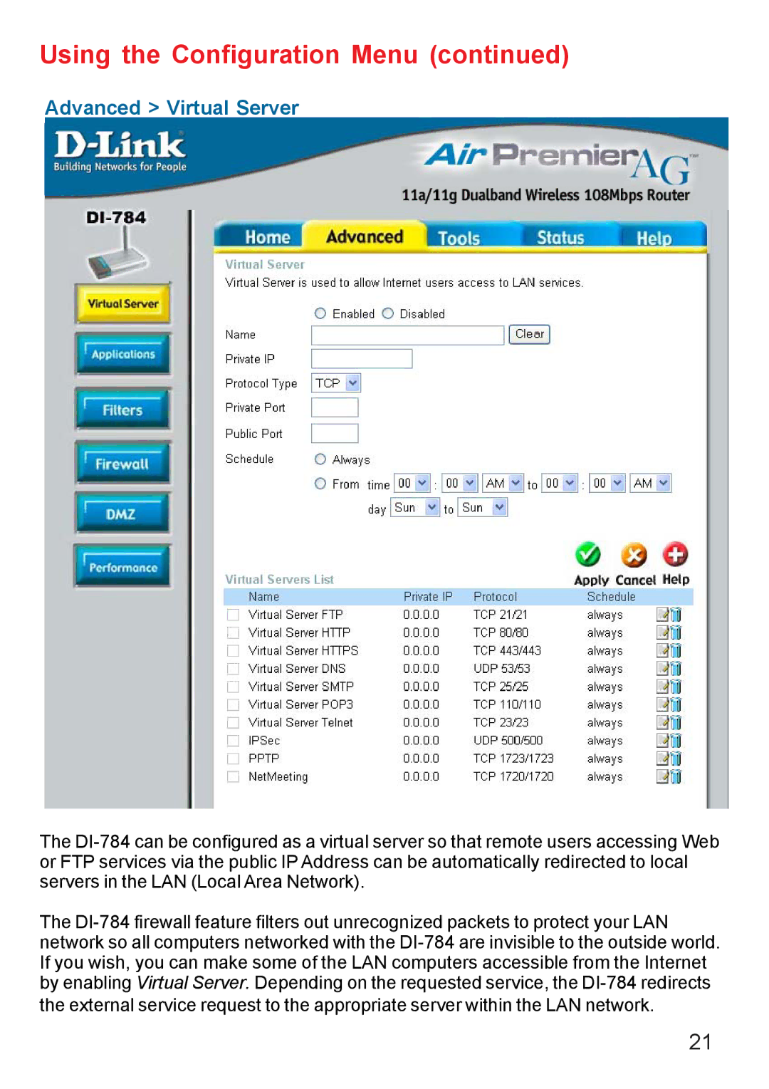 D-Link AG DI-784 manual Advanced Virtual Server 