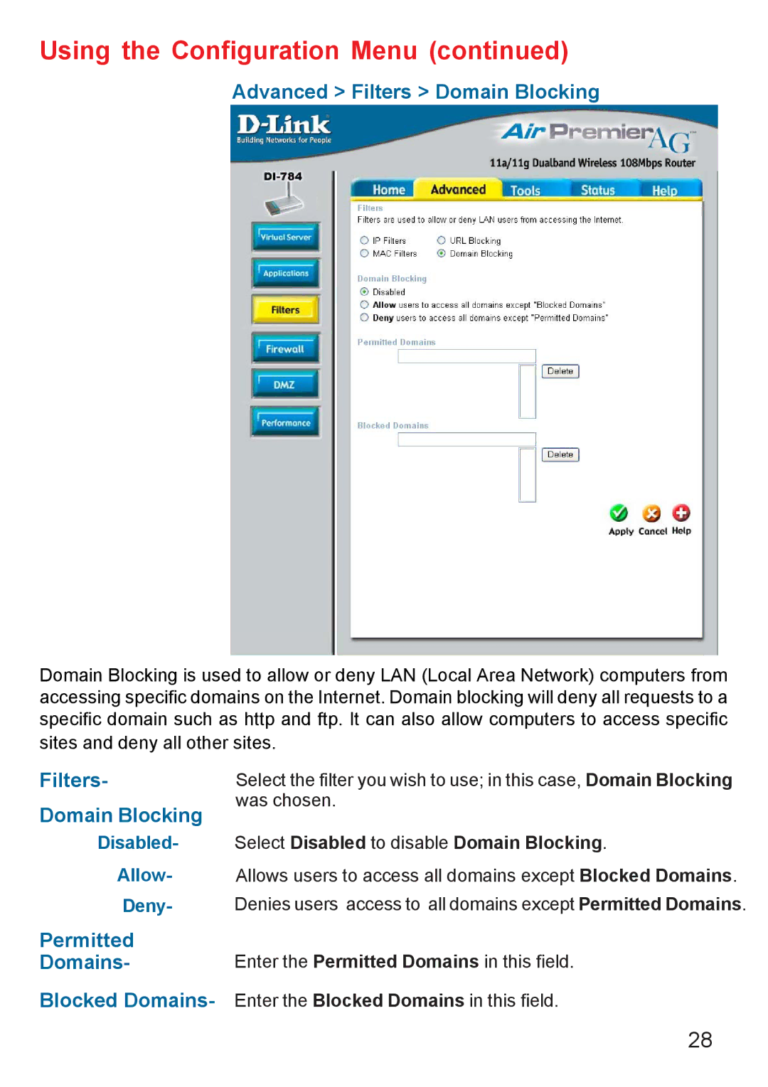 D-Link AG DI-784 manual Advanced Filters Domain Blocking, Permitted Domains, Blocked Domains 