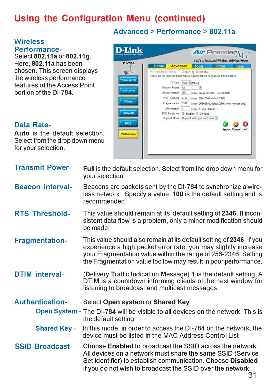 D-Link AG DI-784 manual Advanced Performance 802.11a Wireless, Data Rate 