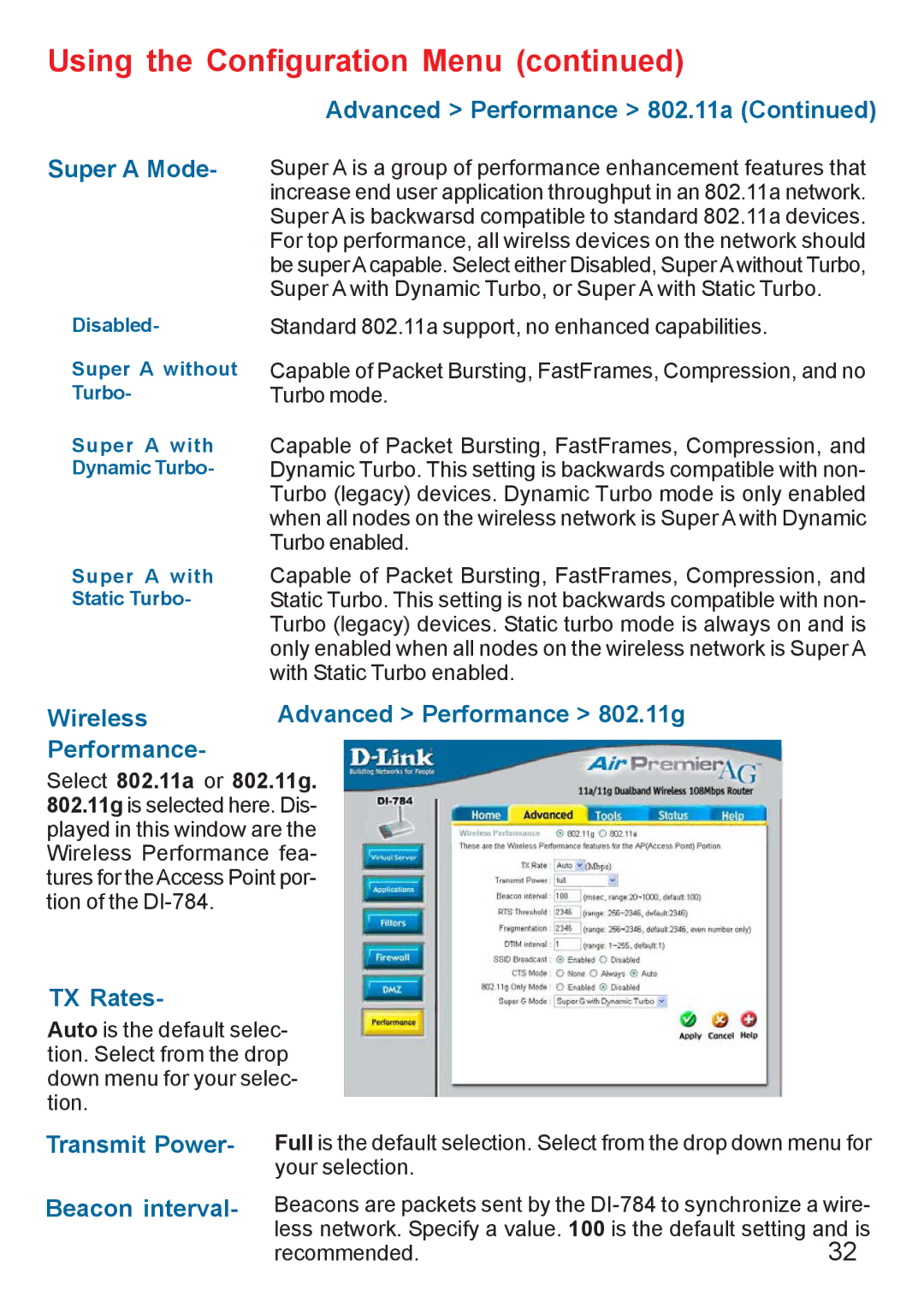 D-Link AG DI-784 manual Advanced Performance 802.11a Super a Mode, TX Rates, Transmit Power Beacon interval 