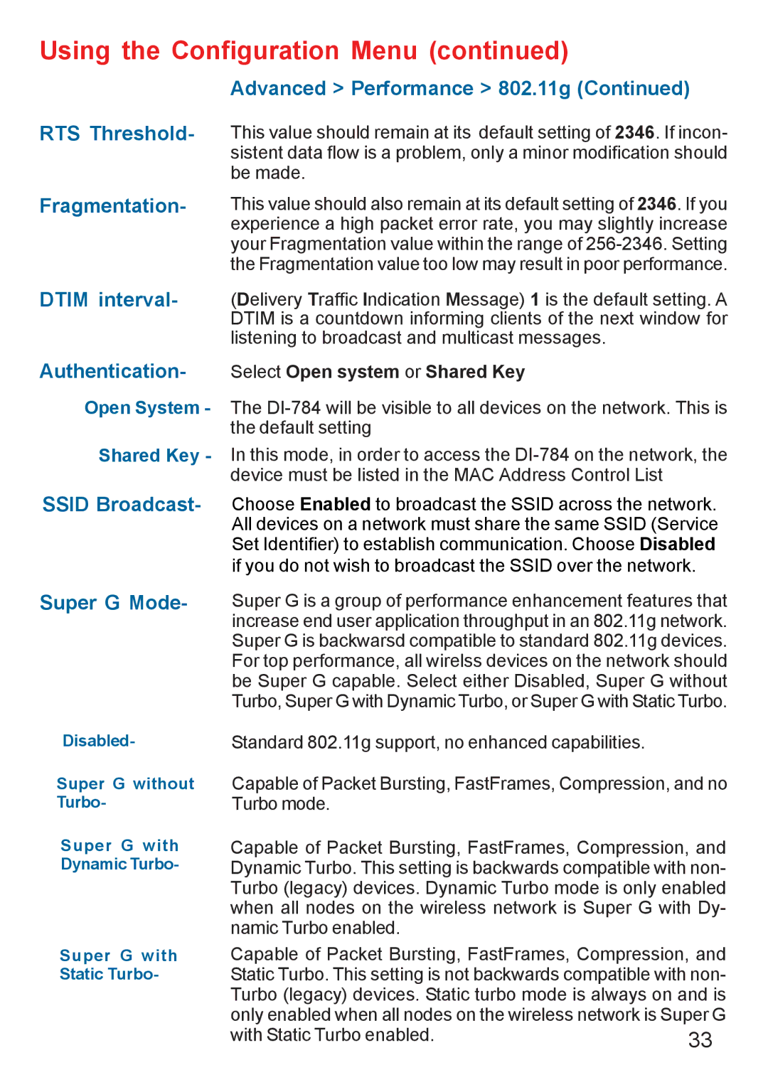 D-Link AG DI-784 manual Advanced Performance 802.11g RTS Threshold, Dtim interval, Ssid Broadcast Super G Mode 