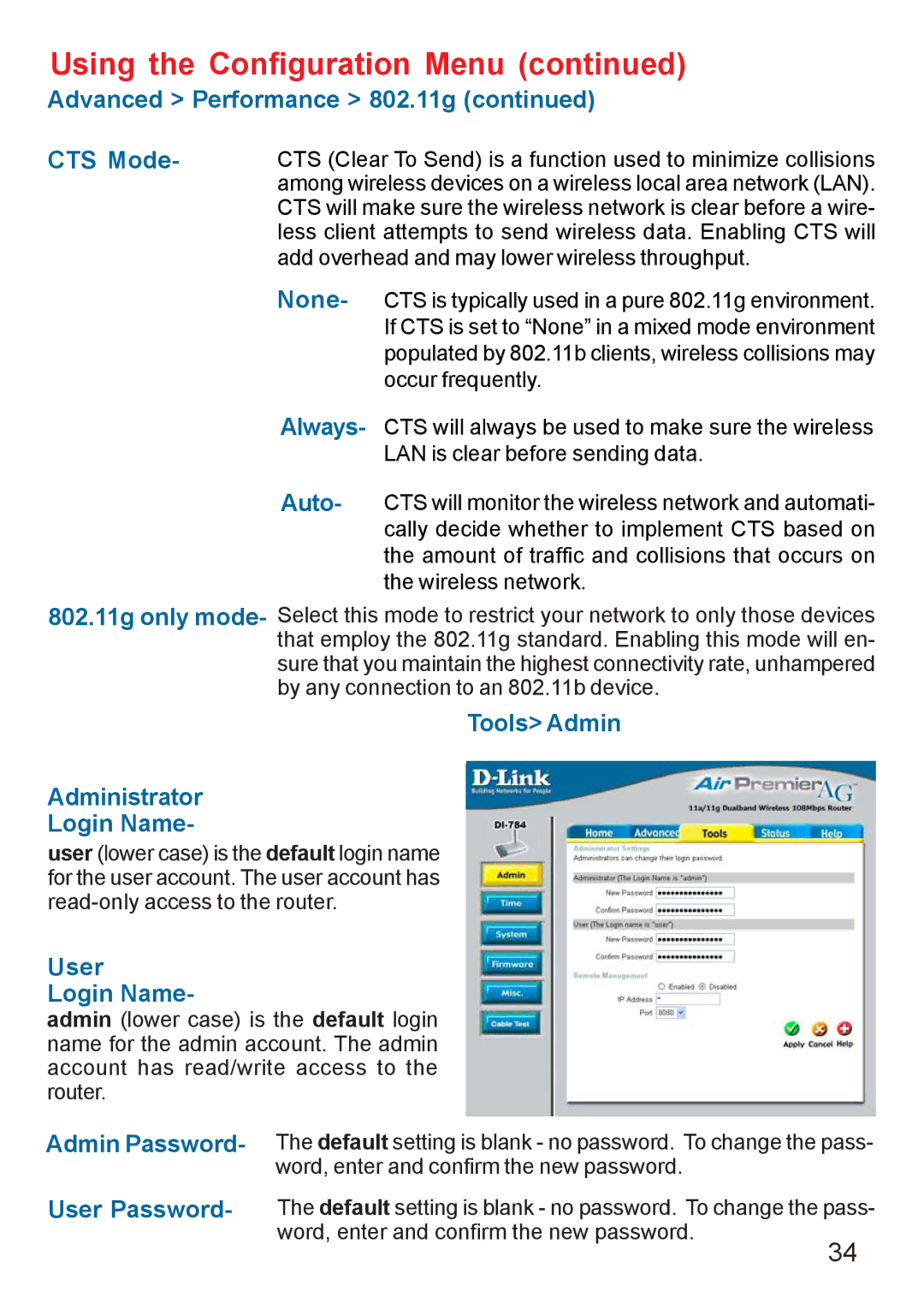 D-Link AG DI-784 Advanced Performance 802.11g CTS Mode, None, Auto, Tools Admin Administrator Login Name, User Login Name 