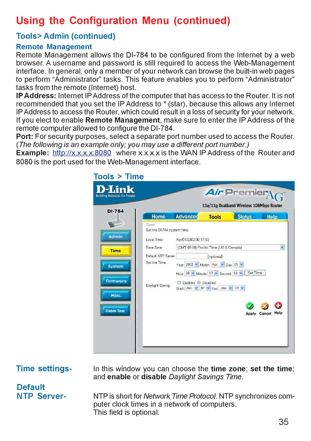 D-Link AG DI-784 manual Tools Admin, Tools Time, Default 