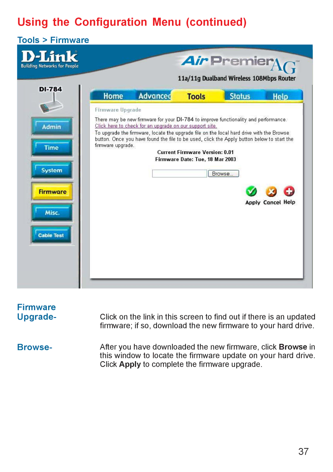 D-Link AG DI-784 manual Tools Firmware Upgrade, Browse 