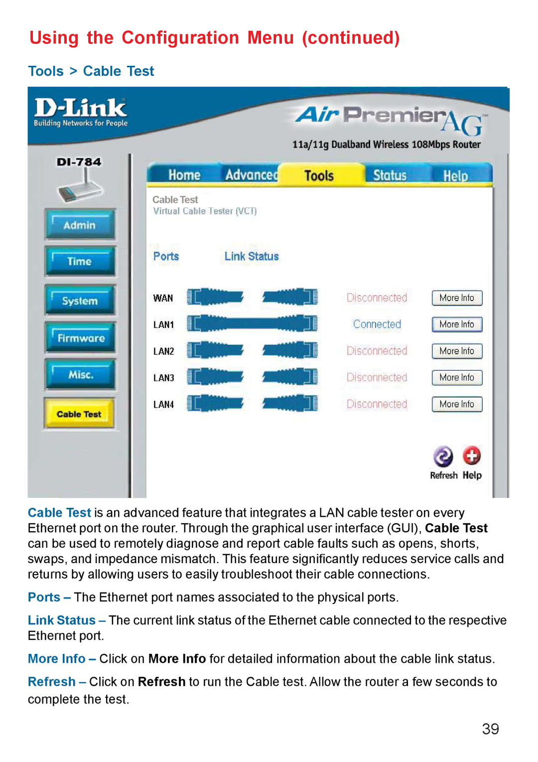 D-Link AG DI-784 manual Tools Cable Test 