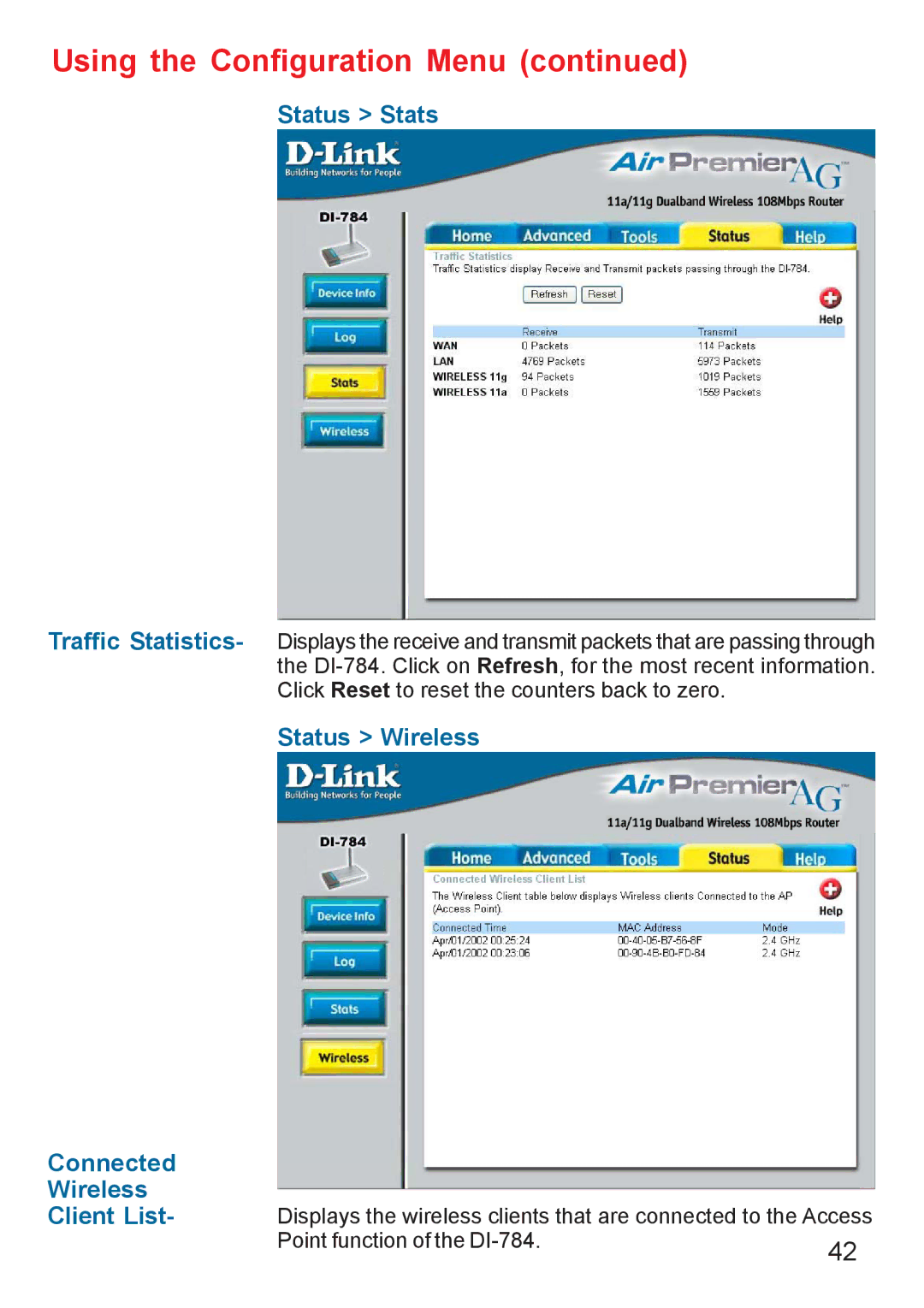 D-Link AG DI-784 manual Status Stats, Status Wireless Connected Client List 