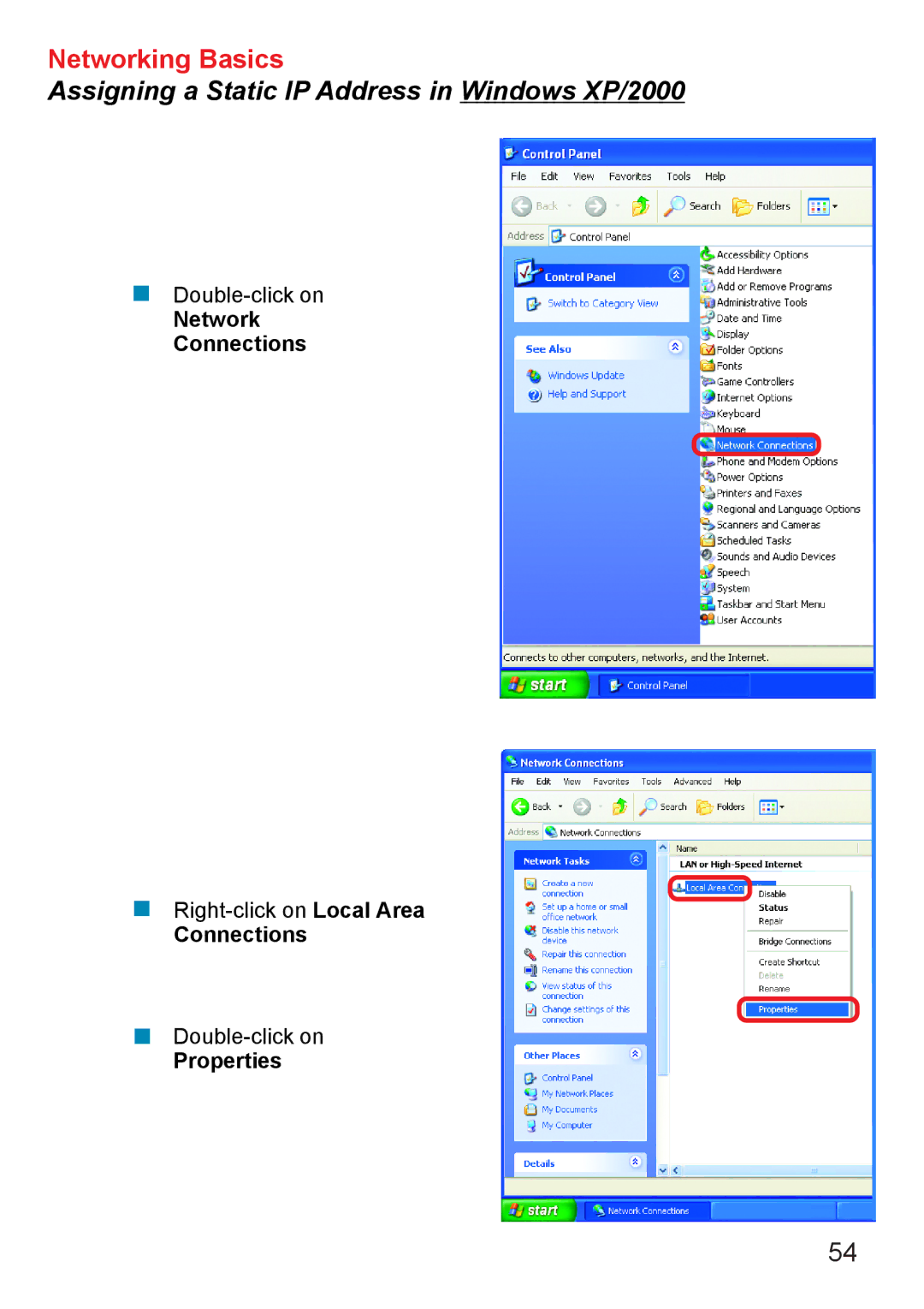 D-Link AG DI-784 manual Network Connections, Properties 