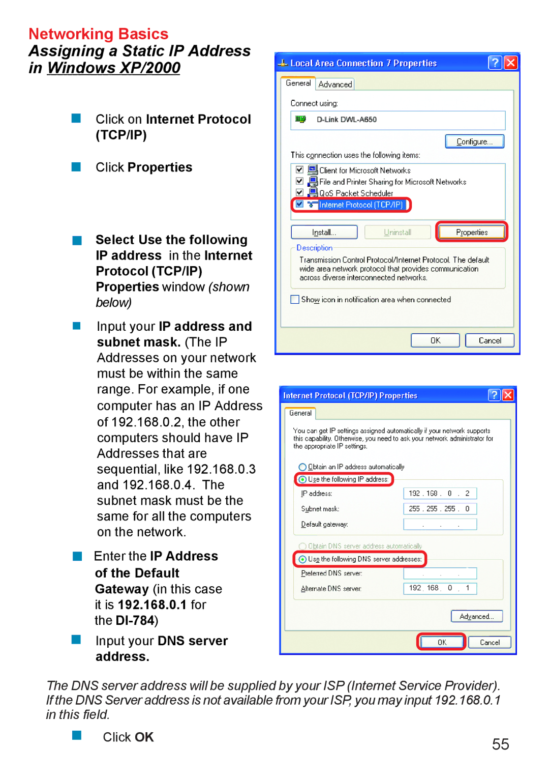 D-Link AG DI-784 manual Assigning a Static IP Address Windows XP/2000 