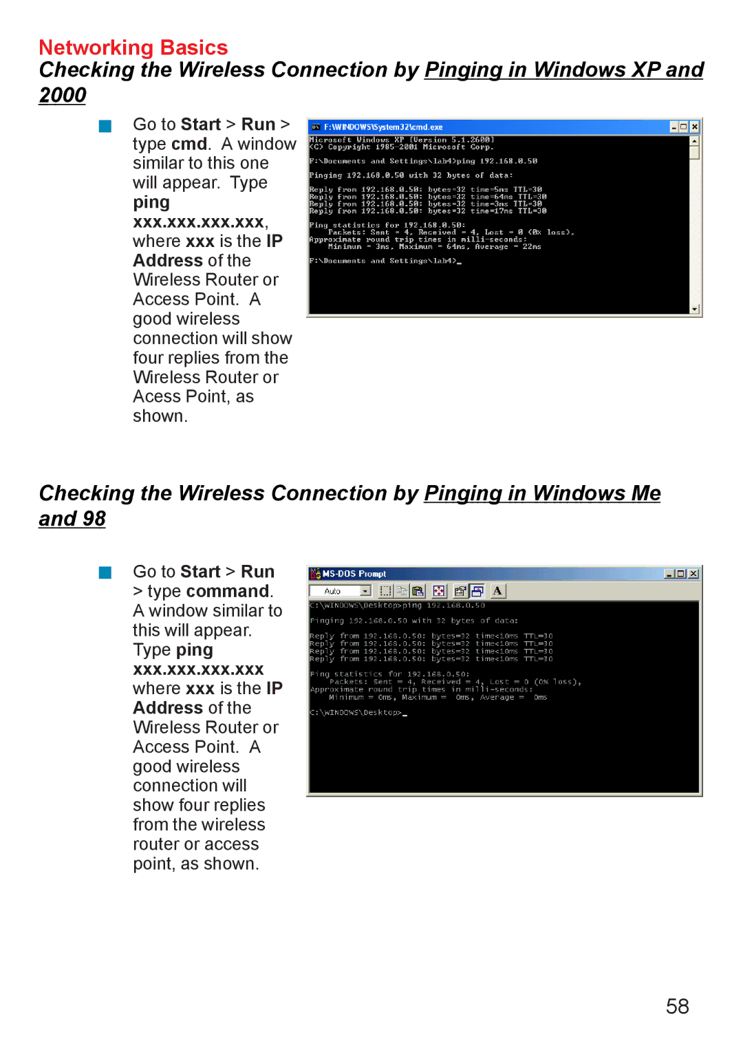 D-Link AG DI-784 manual Checking the Wireless Connection by Pinging in Windows Me 