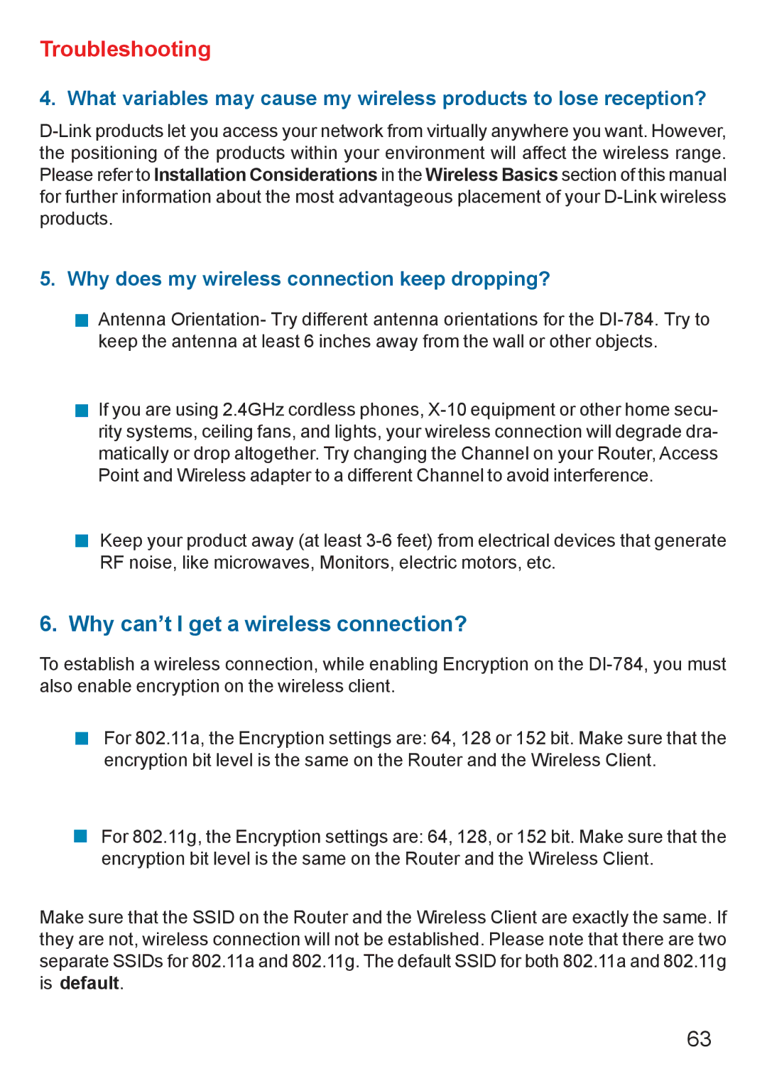 D-Link AG DI-784 manual Why can’t I get a wireless connection?, Why does my wireless connection keep dropping? 