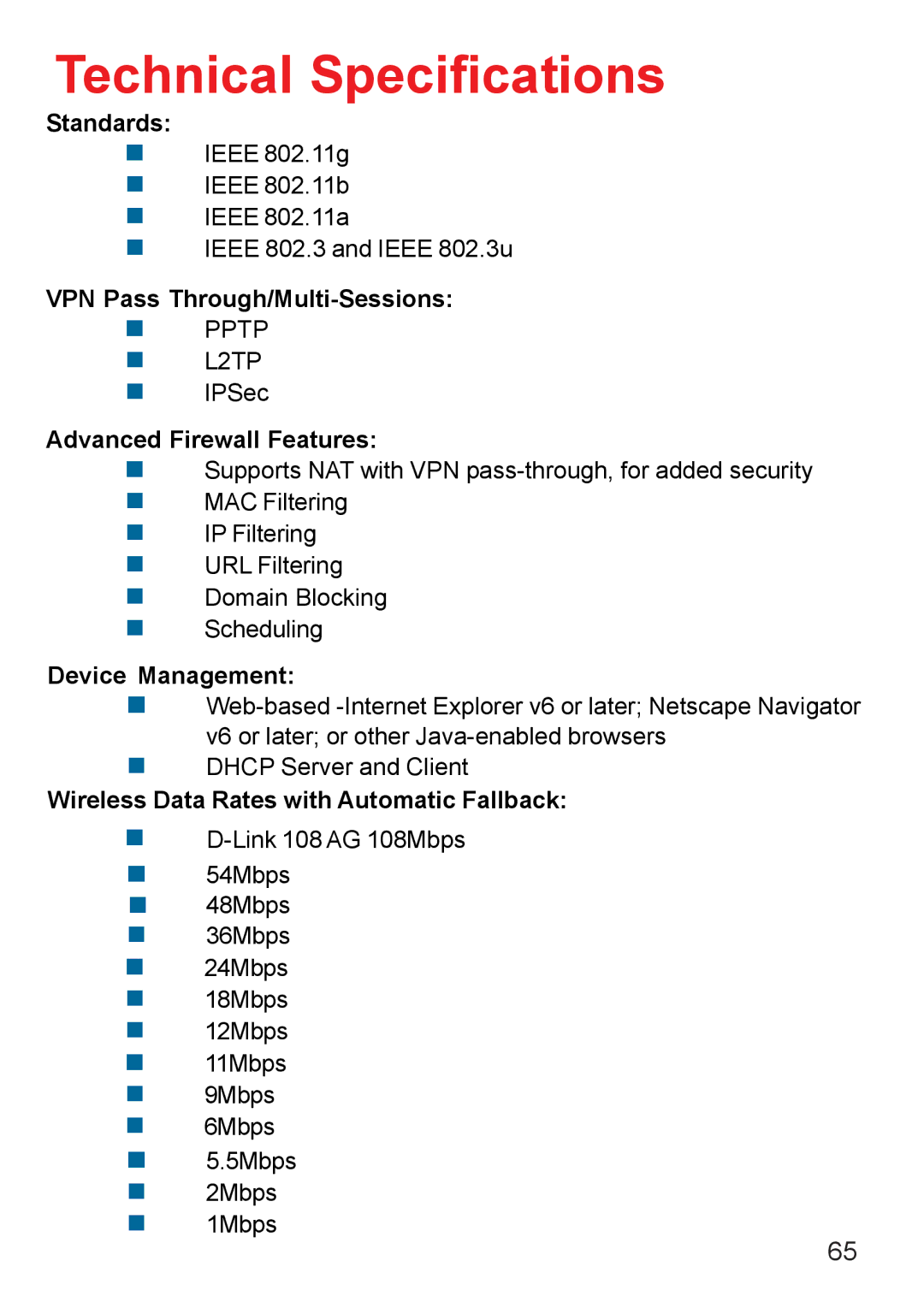 D-Link AG DI-784 manual Technical Specifications, Advanced Firewall Features 