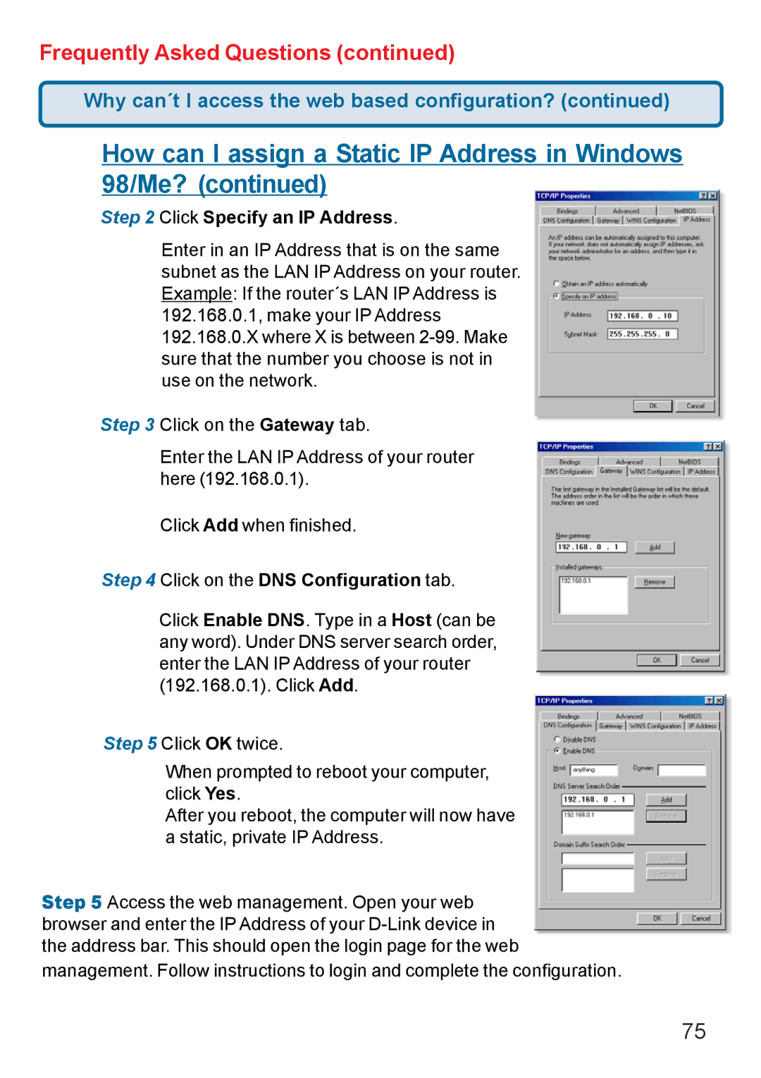 D-Link AG DI-784 manual Click Specify an IP Address, Click on the DNS Configuration tab 