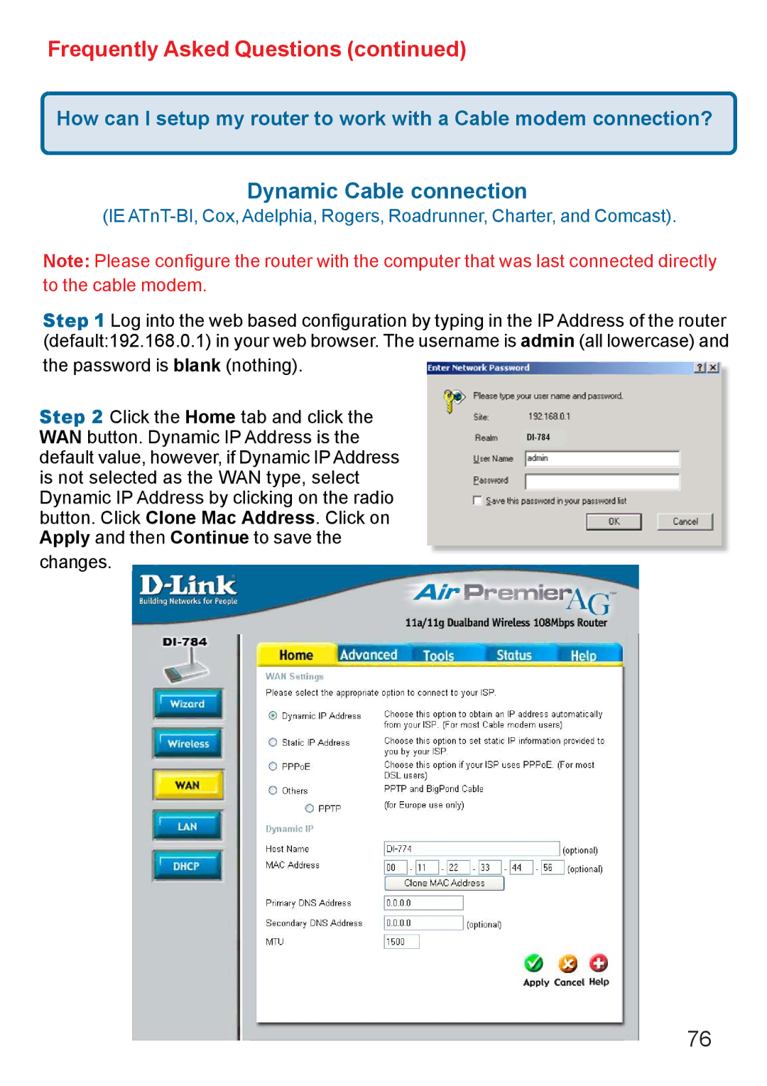 D-Link AG DI-784 manual Dynamic Cable connection 