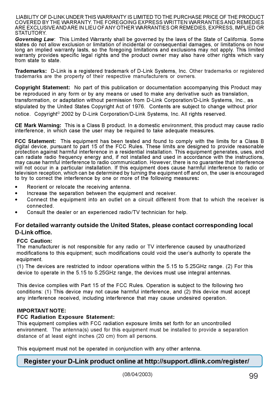 D-Link AG DI-784 manual Important Note 