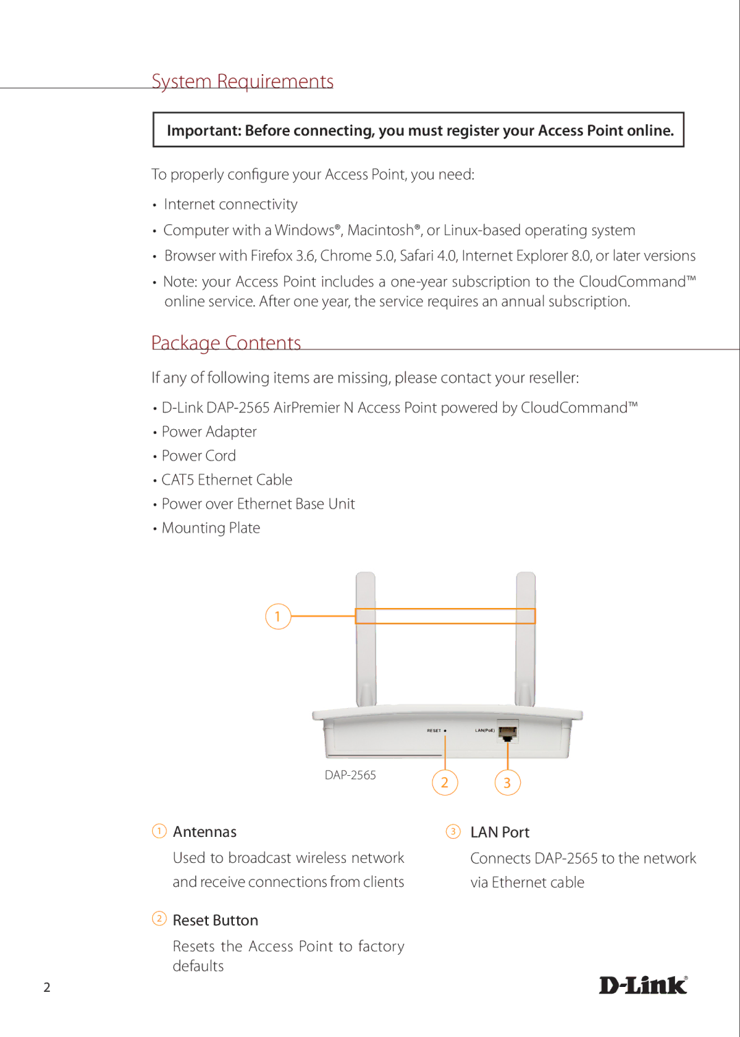 D-Link airpremier n dual band poe access point manual System Requirements, Package Contents 