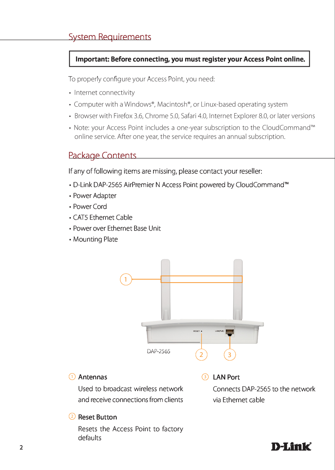 D-Link airpremier n dual band poe access point manual System Requirements, Package Contents 