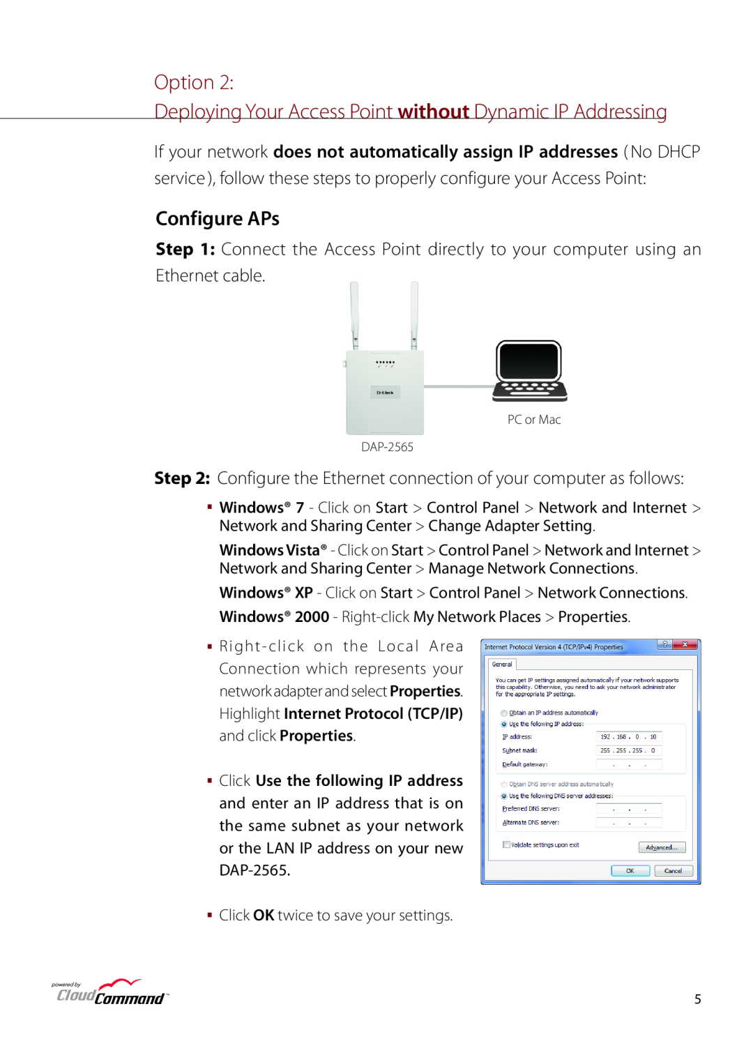 D-Link airpremier n dual band poe access point manual Option Deploying Your Access Point without Dynamic IP Addressing 