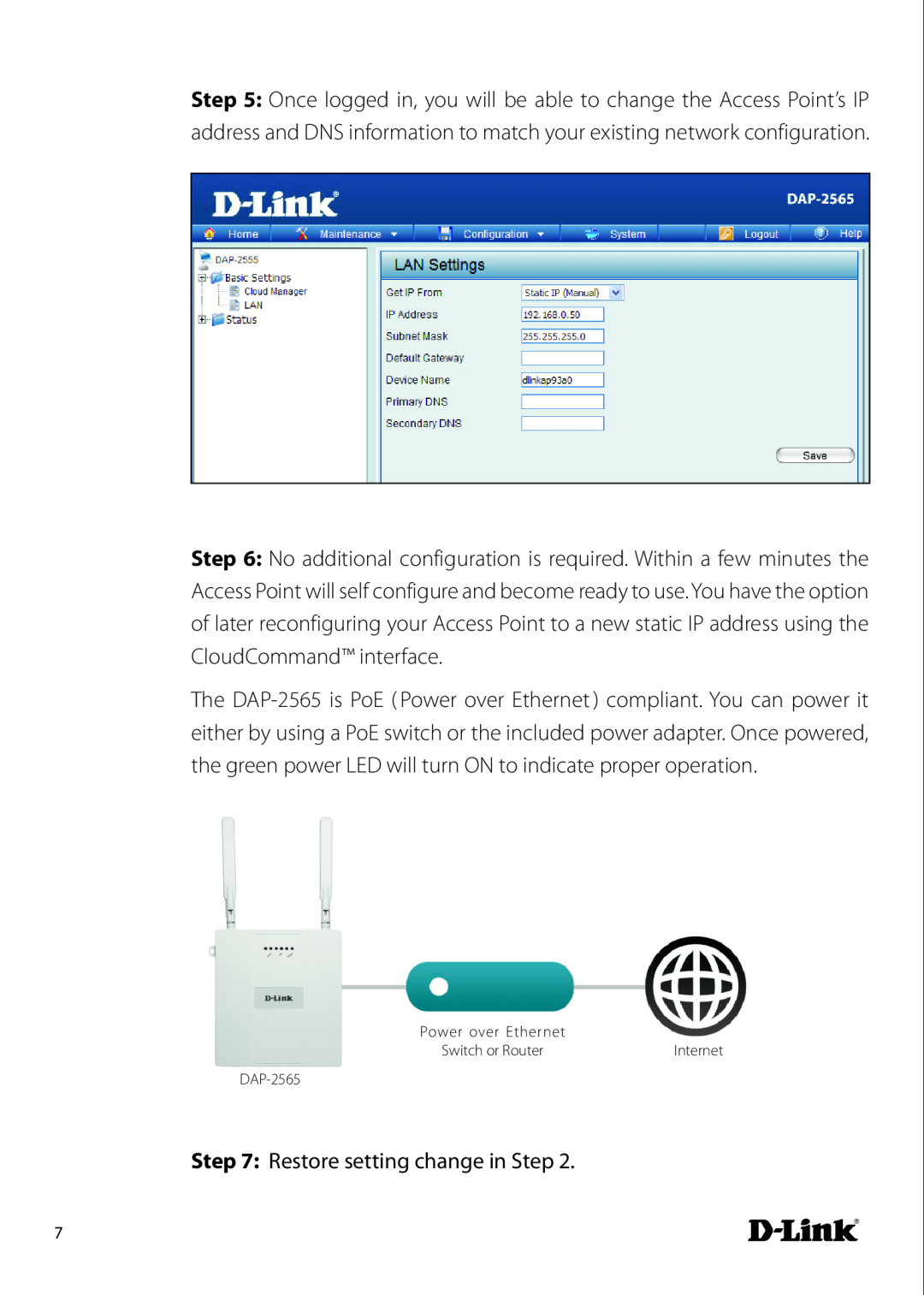D-Link airpremier n dual band poe access point manual Restore setting change in Step 