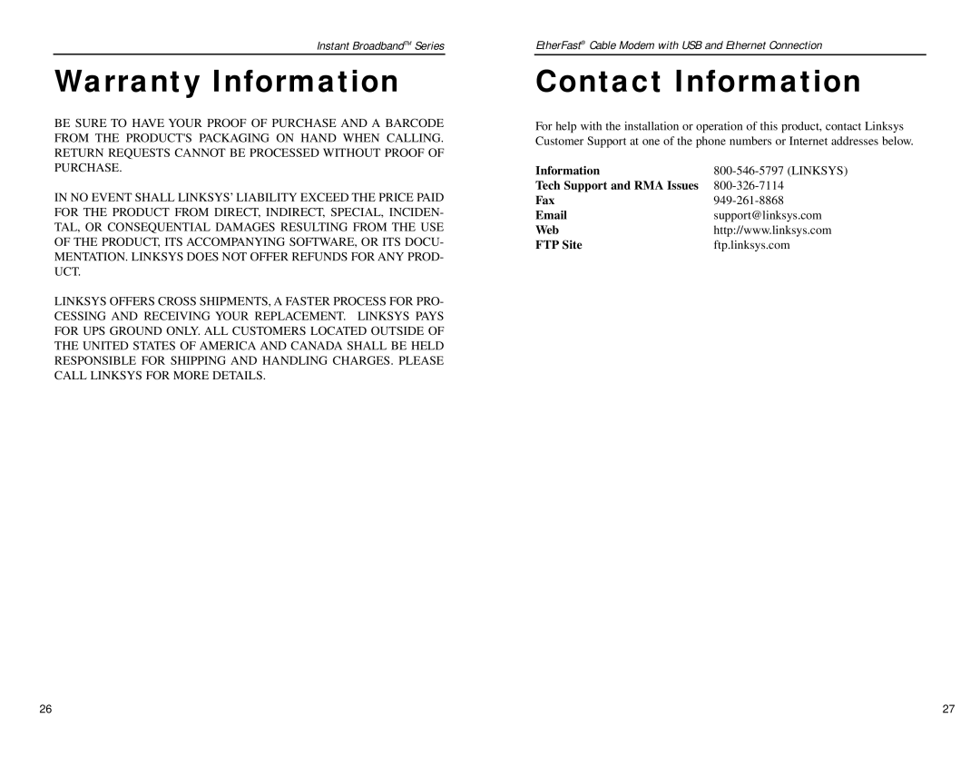 D-Link BEFCMU10 manual Warranty Information, Contact Information 