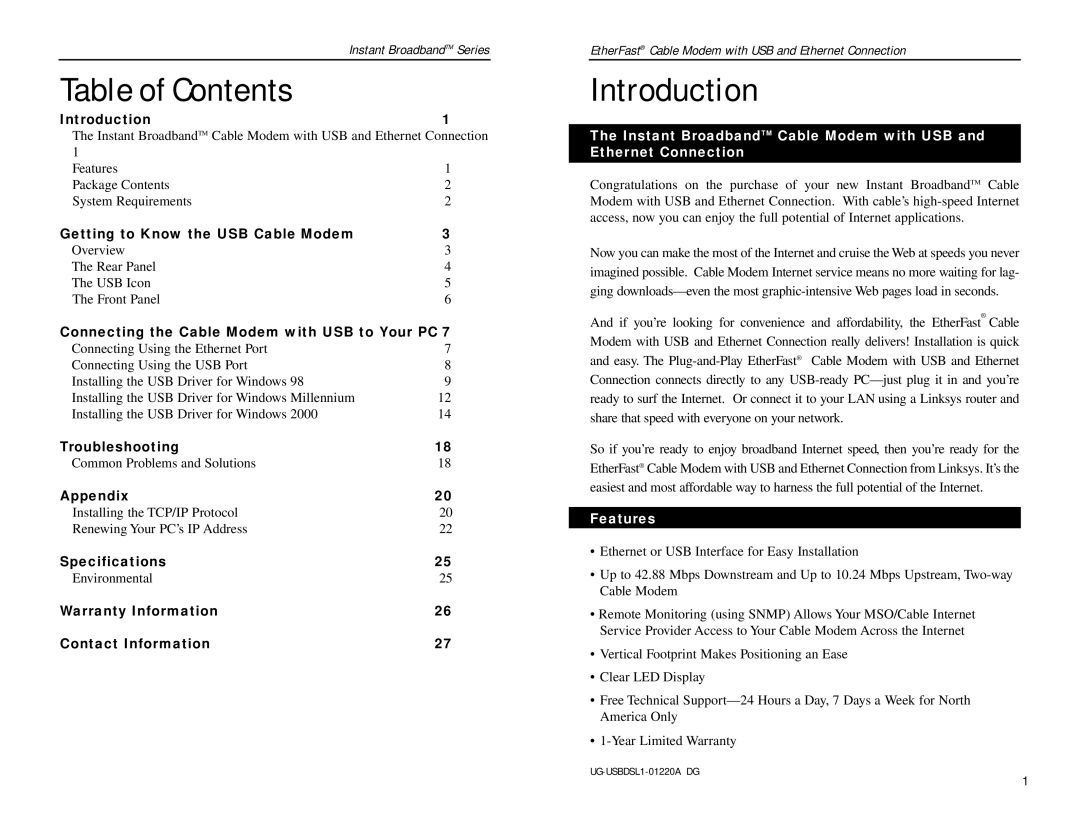 D-Link BEFCMU10 manual Table of Contents, Introduction 