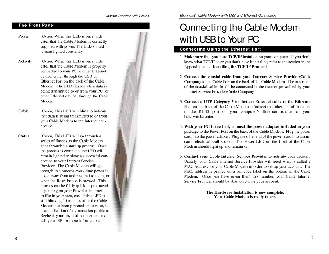 D-Link BEFCMU10 manual Connecting the Cable Modem with USB to Your PC, Front Panel, Connecting Using the Ethernet Port 