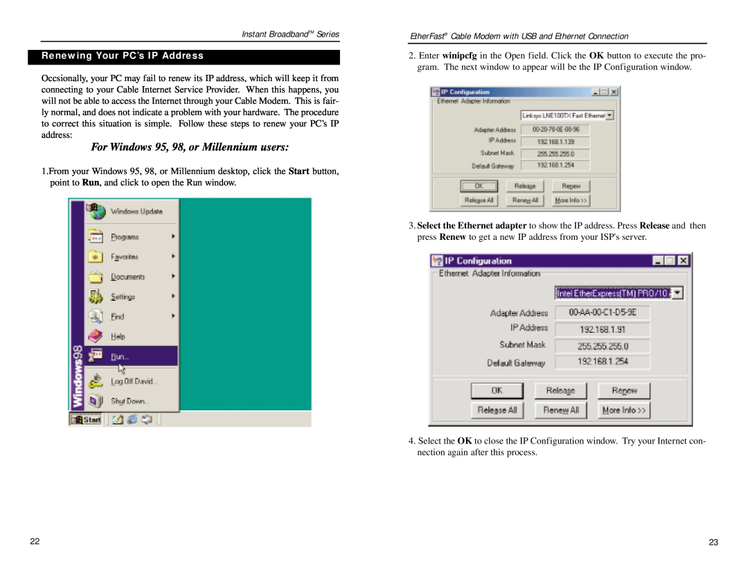 D-Link BEFCMU10 manual For Windows 95, 98, or Millennium users, Renewing Your PC’s IP Address, Instant BroadbandTM Series 
