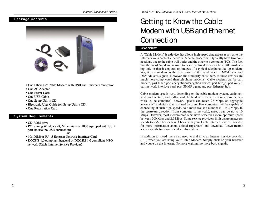 D-Link BEFCMU10 Getting to Know the Cable Modem with USB and Ethernet Connection, Package Contents, System Requirements 