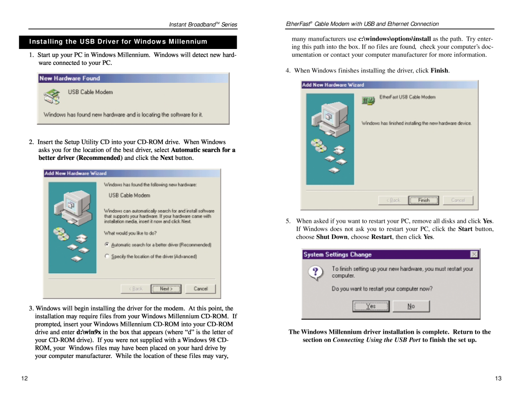 D-Link BEFCMU10 manual Installing the USB Driver for Windows Millennium, Instant BroadbandTM Series 