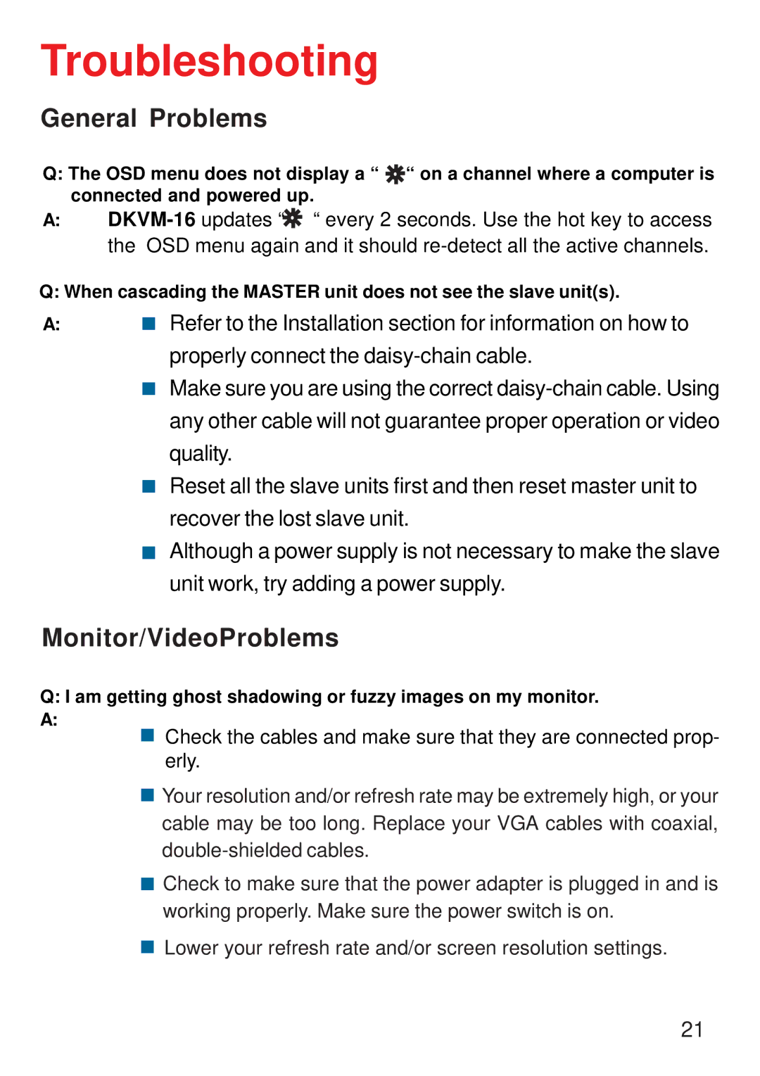 D-Link D-Link DKVM-16 manual Troubleshooting, General Problems, Monitor/VideoProblems 